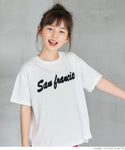 セール★890円→390円 キッズ 120-150 Tシャツ カットソー 半袖 ロゴTシャツ 刺繍 クルーネック 天竺 伸縮性 ミディアム丈 薄手 女の子 親子お揃い 子供服 メール便可